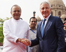 US Defence Secretary Chuck Hagel with the Union Minister for Finance, Corporate Affairs and Defence Arun Jaitley in New Delhi on August 08, 2014